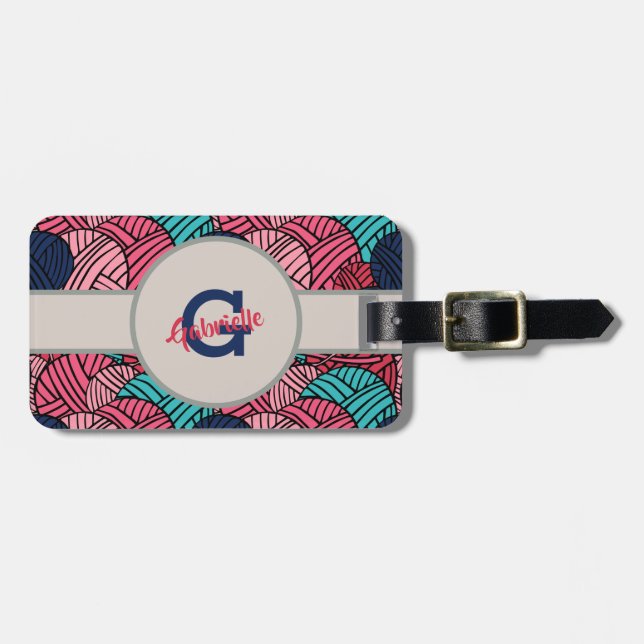 Étiquette À Bagage Monogramme avec des boules de fil à tricoter - (Devant horizontal)