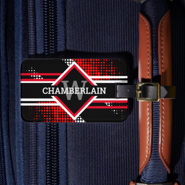 Étiquette À Bagage Monogramme avec doubles lignes sur fond rouge, bla (Insitu Rectoal 4)