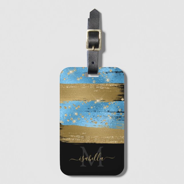 Étiquette À Bagage Monogramme Black Gold Script Blue Gold (Devant Vertical)