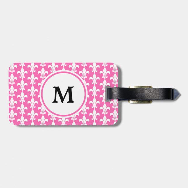 Étiquette À Bagage Monogramme Blanc et rose chaud Fleur de Lis Motif (Dos horizontal)