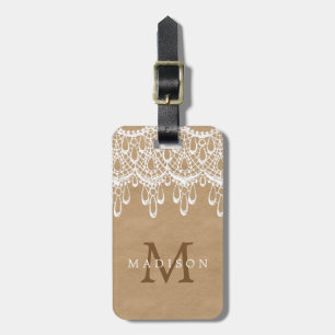 Étiquette À Bagage Monogramme blanc féminin rustique de dentelle de