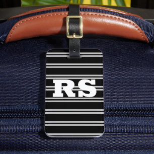 Étiquette À Bagage Monogramme blanc gras, lignes gris clair sur fond 