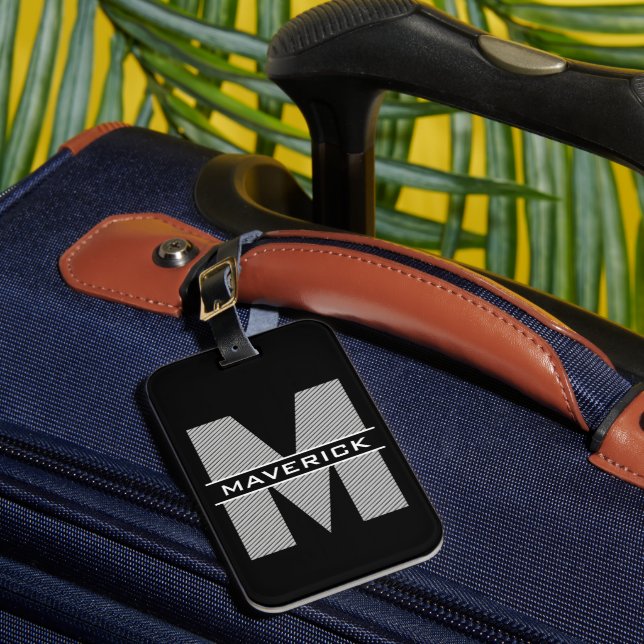 Étiquette À Bagage Monogramme blanc gris noir Nom Masculine moderne (Insitu Rectoal 1)