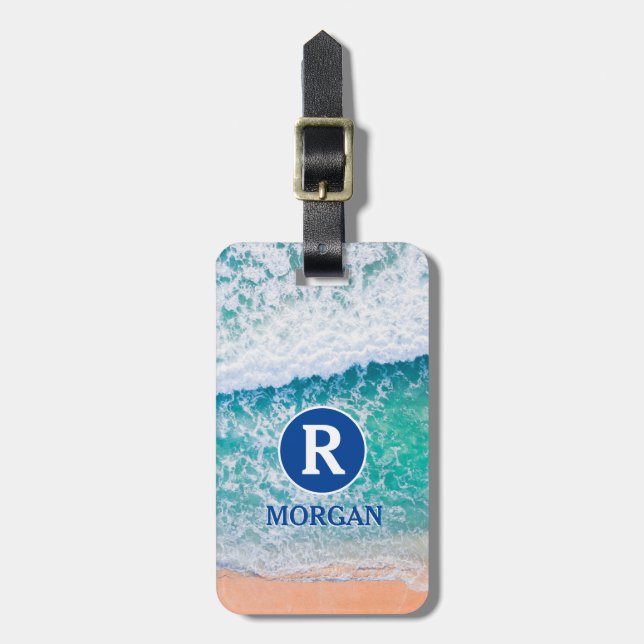 Étiquette À Bagage Monogramme Blanc & Nom Bleu, Vagues De Plage, Info (Devant Vertical)