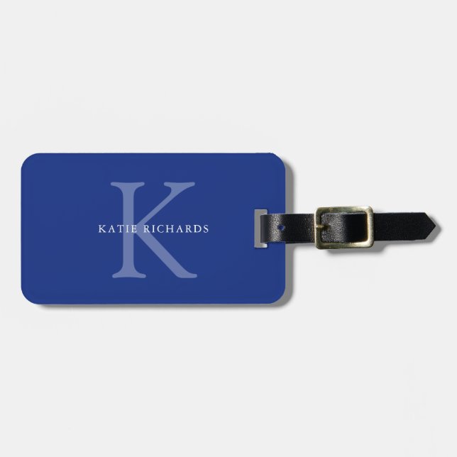 Étiquette À Bagage Monogramme bleu classique personnalisé (Devant horizontal)