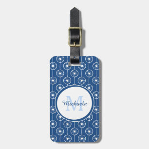 Étiquette À Bagage Monogramme bleu et blanc élégant de coeurs avec le