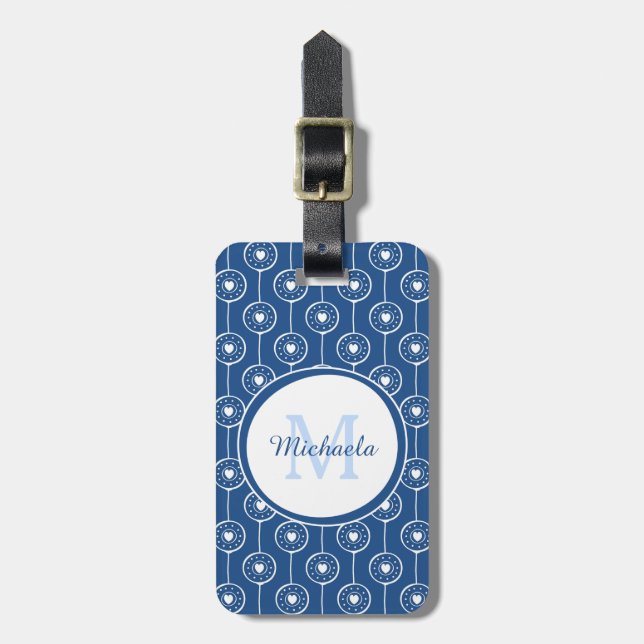 Étiquette À Bagage Monogramme bleu et blanc élégant de coeurs avec le (Devant Vertical)