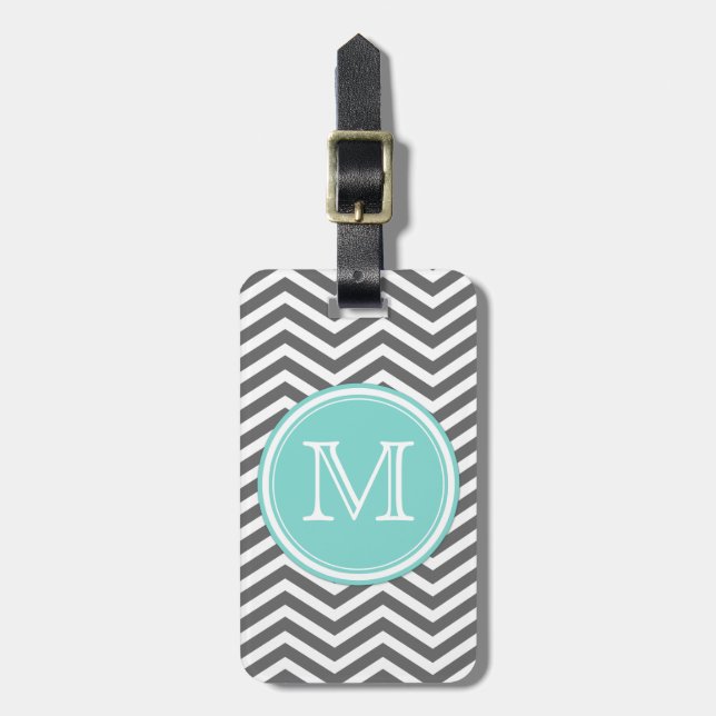 Étiquette À Bagage Monogramme bleu et blanc turquoise simple avec (Devant Vertical)