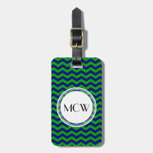 Étiquette À Bagage Monogramme bleu et vert Chevron Personnalisé