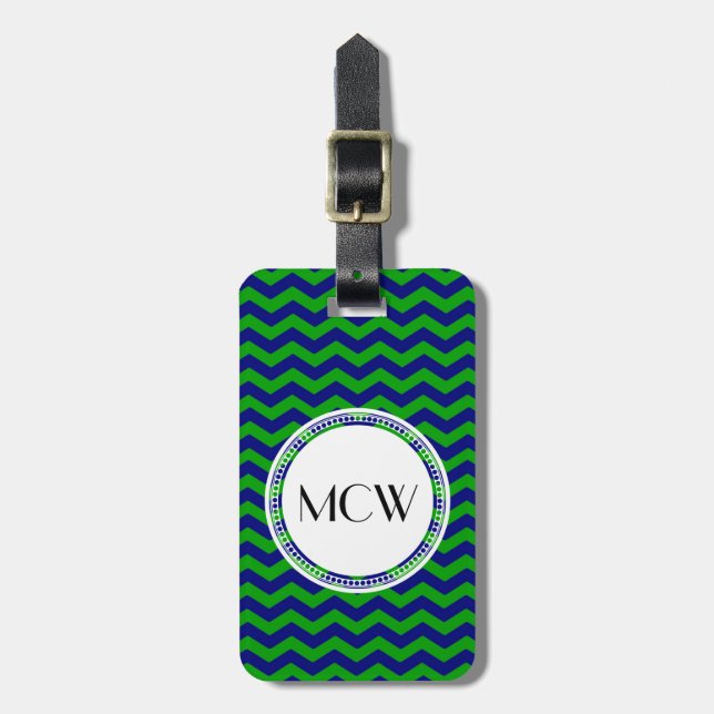 Étiquette À Bagage Monogramme bleu et vert Chevron Personnalisé (Devant Vertical)