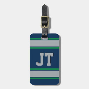 Étiquette À Bagage Monogramme Bleu et Vert Stripes sportives