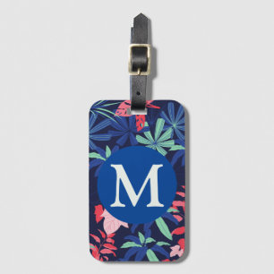 Étiquette À Bagage Monogramme bleu foncé botanique tropical