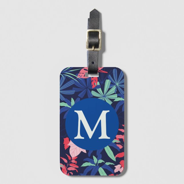 Étiquette À Bagage Monogramme bleu foncé botanique tropical (Devant Vertical)