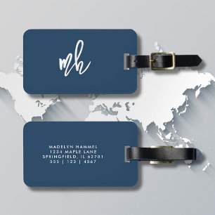Étiquette À Bagage Monogramme bleu marine Initiales de script moderne