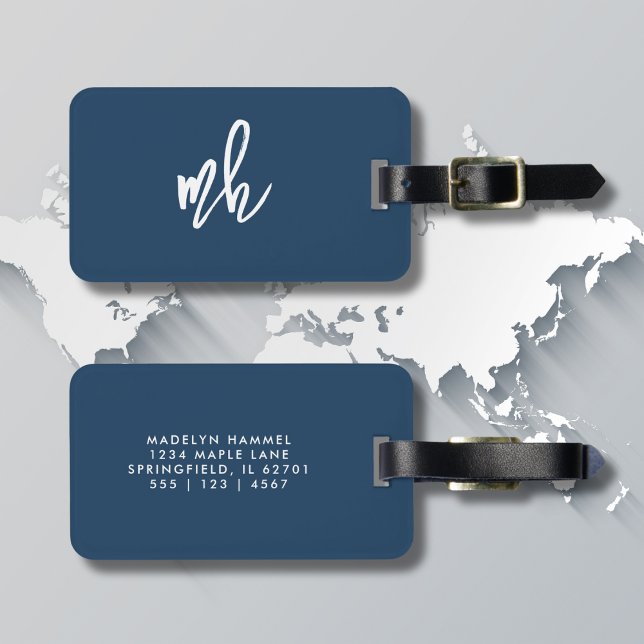 Étiquette À Bagage Monogramme bleu marine Initiales de script moderne (Créateur téléchargé)