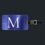 Étiquette À Bagage Monogramme bleu marine Métal brossé Fille Nom du s<br><div class="desc">Monogramme bleu marine Métal brossé Girly Script Nom mignon sac Balise</div>