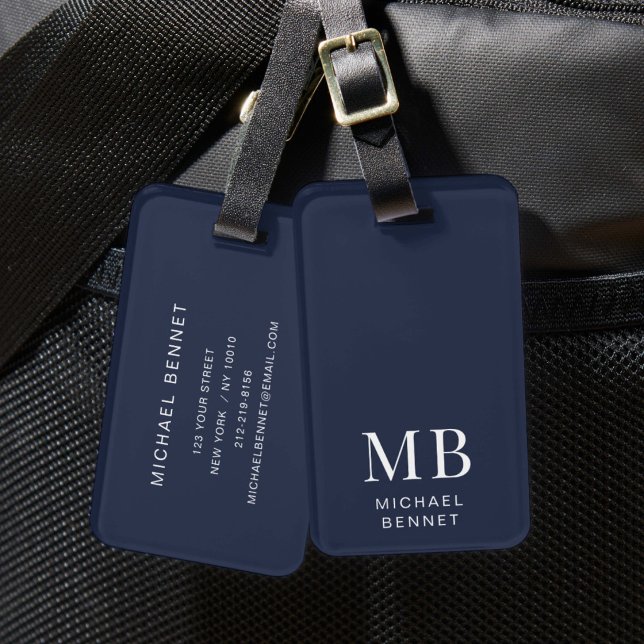 Étiquette À Bagage Monogramme Bleu Marine Moderne (Modern Navy Blue Monogram Luggage Tag)