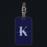 Étiquette À Bagage Monogramme bleu marine moderne<br><div class="desc">Cette étiquette simple et élégante marine à bagages bleu avec votre prénom dans une police de script tendance en blanc tapé sur votre première initiale dans une police casquette moderne en bleu clair sur un côté et une diapositive dans la carte pour votre nom, adresse et numéro de téléphone sur...</div>