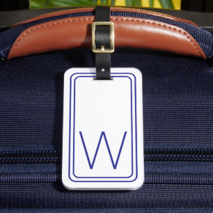 Étiquette À Bagage Monogramme bleu marine simple et blanc