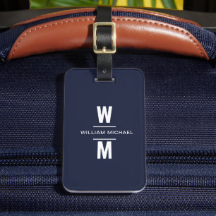 Étiquette À Bagage Monogramme bleu marine simple moderne minimaliste