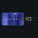 Étiquette À Bagage Monogramme bleu métallique brossé moderne<br><div class="desc">Balise de bagage moderne en métal brossé bleu monogramme</div>