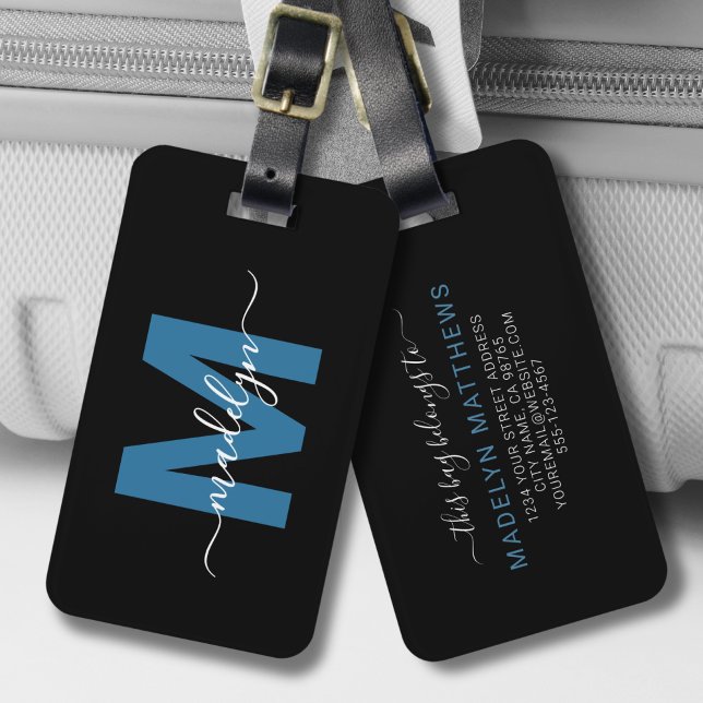 Étiquette À Bagage Monogramme bleu moderne (Modern Blue White Name Monogram Luggage Tag)