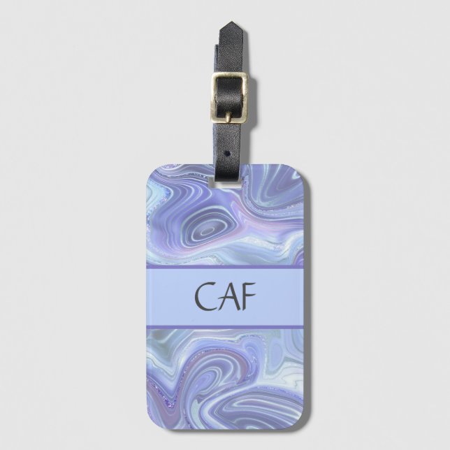 Étiquette À Bagage Monogramme bleu violet argent Agate Marbre Tourbil (Devant Vertical)