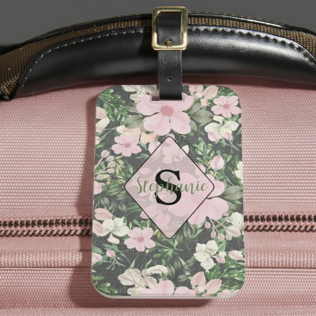 Étiquette À Bagage Monogramme botanique rose vintage (Créateur téléchargé)