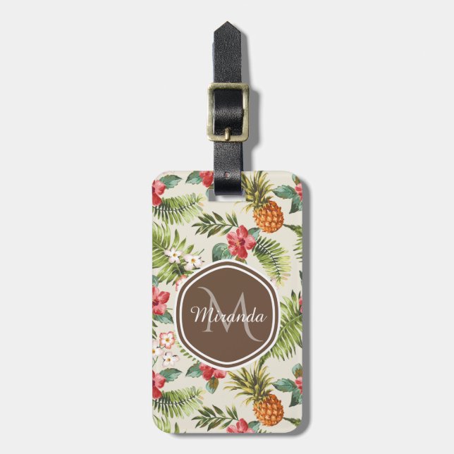 Étiquette À Bagage Monogramme Brown floral d'ananas tropical exotique (Devant Vertical)