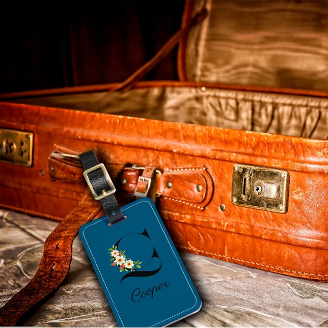 Étiquette À Bagage Monogramme C Fleur d'aquarelle cobalt Bagage Balis (Créateur téléchargé)