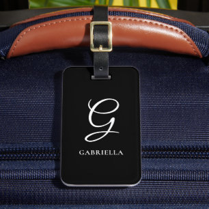 Étiquette À Bagage Monogramme Calligraphié Élégant et Raffiné Noir Bl
