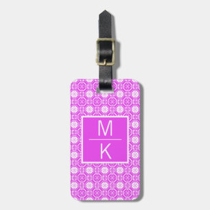Étiquette À Bagage Monogramme Carré de fleurs carrelées rose