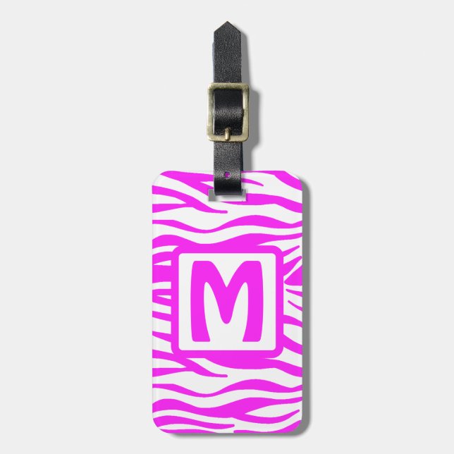 Étiquette À Bagage Monogramme carré rose zèbre (Devant Vertical)