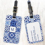 Étiquette À Bagage Monogramme Carreaux Bleus Bleu Méditerranéen Aquar<br><div class="desc">Joli indigo bleu et blanc personnalisé monogramme initial motif de tuiles méditerranéennes en aquarelle. Art original de Nic Squirrell. Changez l'initiale du monogramme sur le devant et les détails sur le dos pour customiser.</div>
