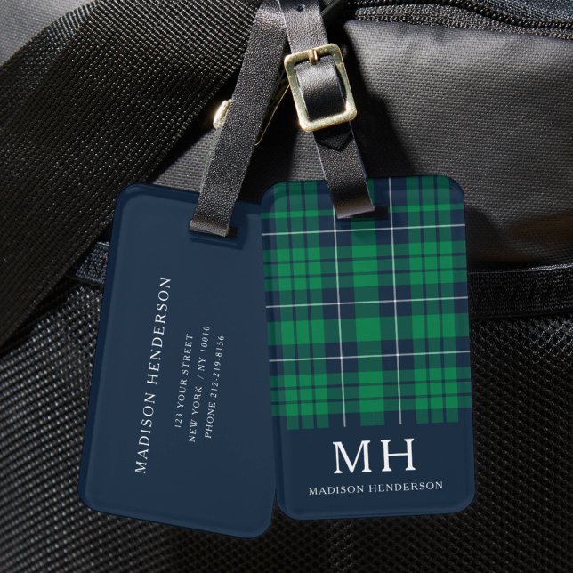 Étiquette À Bagage Monogramme carreaux vert classique (Classic Green Plaid Monogram Luggage Tag)