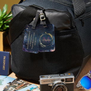 Étiquette À Bagage Monogramme céleste Blue Gold Galaxy Sky Planètes