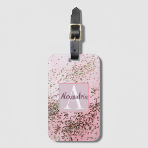 Étiquette À Bagage Monogramme Champagne Confetti Rose  
