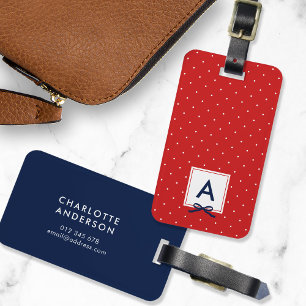 Étiquette À Bagage Monogramme Chic Bleu Ruban Rouge Polka Point