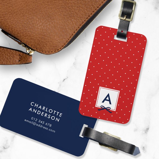 Étiquette À Bagage Monogramme Chic Bleu Ruban Rouge Polka Point (Créateur téléchargé)