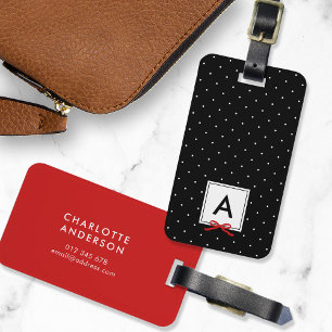 Étiquette À Bagage Monogramme Chic Rouge Ruban Polka Point Noir