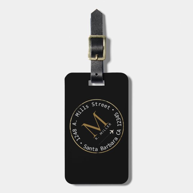 Étiquette À Bagage monogramme circulaire avec adresse en noir (Devant Vertical)