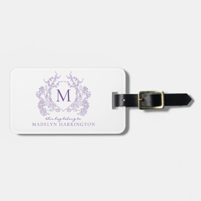 Étiquette À Bagage Monogramme classique de crête florale violet botan (Devant horizontal)