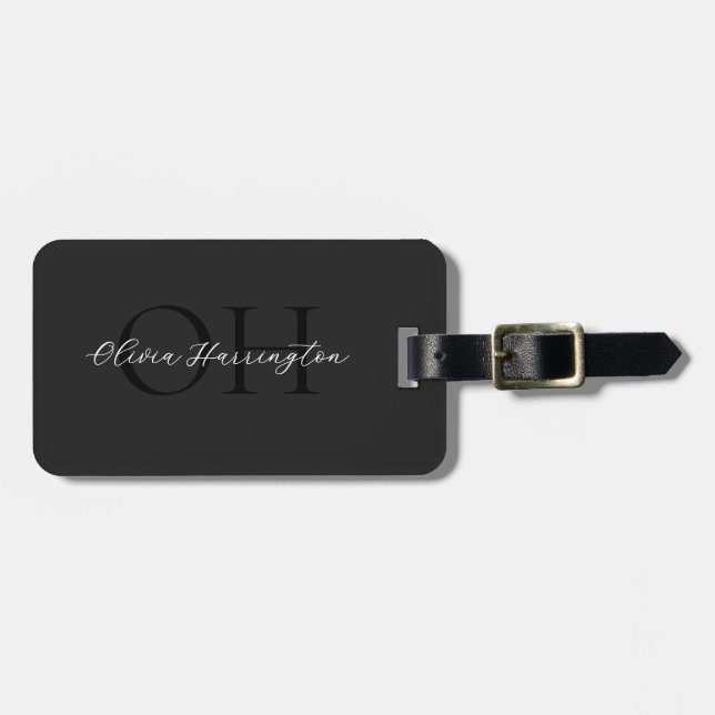 Étiquette À Bagage Monogramme classique moderne noir et blanc (Devant horizontal)