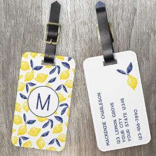 Étiquette À Bagage Monogramme d'aquarelle Citrons de citron personnal