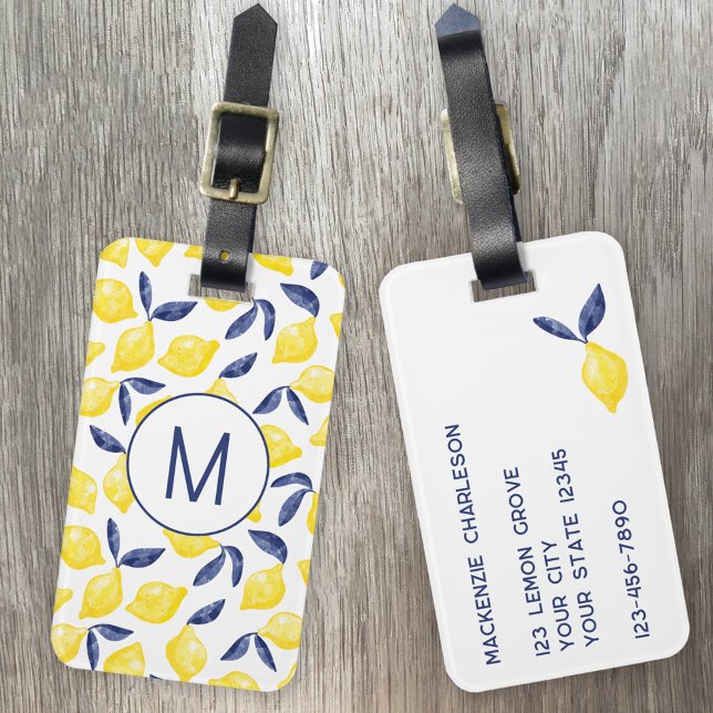 Étiquette À Bagage Monogramme d'aquarelle Citrons de citron personnal (Monogram initial personalized watercolor lemon citrus Mediterranean luggage tag)