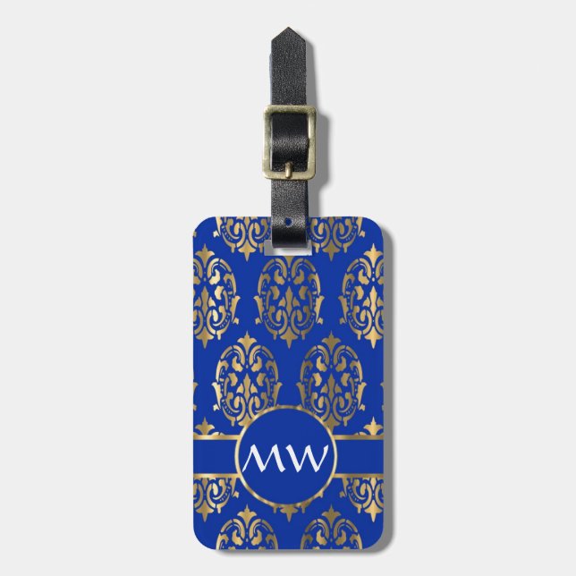 Étiquette À Bagage monogramme d'argent et de bleu royal damassé (Devant Vertical)