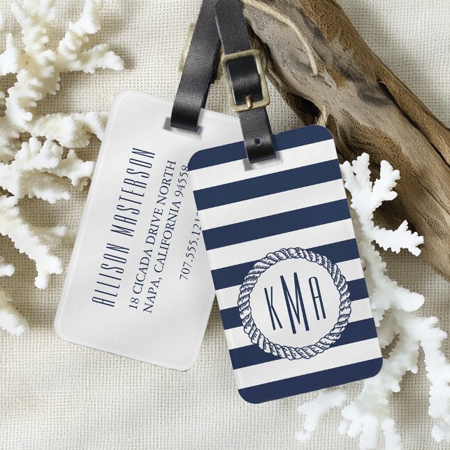 Étiquette À Bagage Monogramme de bande de la marine nautique (Créateur téléchargé)