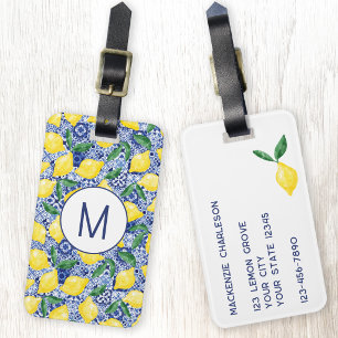 Étiquette À Bagage Monogramme de carreau bleu à aquarelle Citron Citr