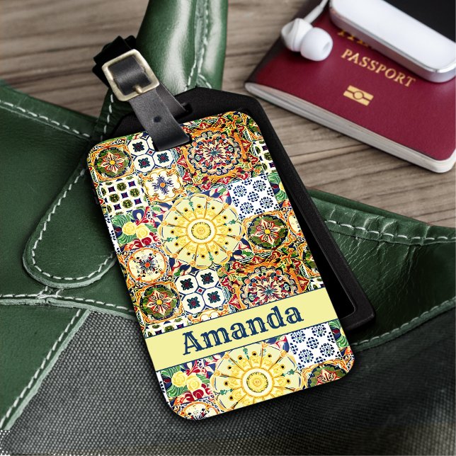 Étiquette À Bagage Monogramme de carreaux d'orange méditerranéen géom (Créateur téléchargé)