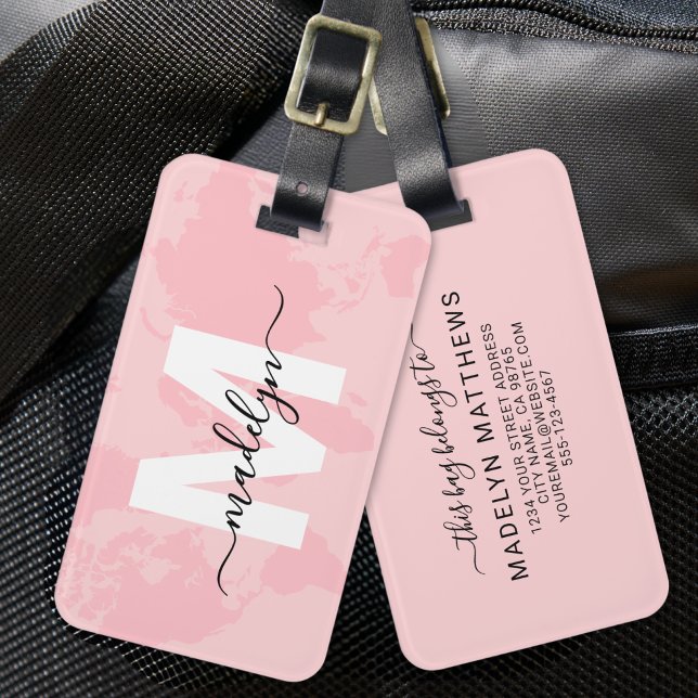 Étiquette À Bagage Monogramme de carte du monde rose (Modern Custom Pink Map Monogram Name Luggage Tag )
